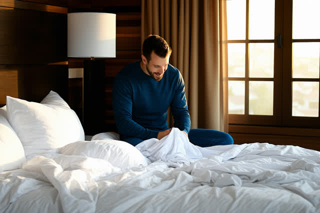 I dream of a plainly furnished bedroom during a breezy afternoon. One adult sits comfortably at the edge of an unmade li