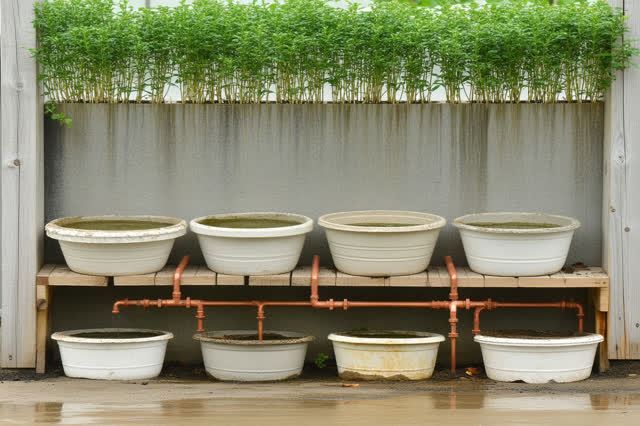 I dream of a nearly empty municipal greenhouse at the pause after watering. Five chipped ceramic basins sit along one pl
