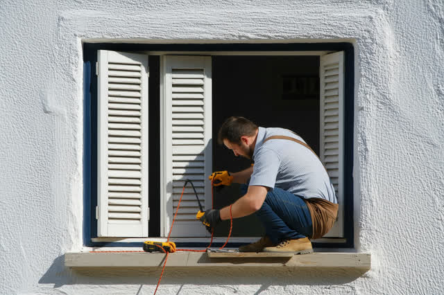 I dream of a craftsperson repairing a tall counterweighted sash window in a sunlit attic studio. The heavy lower sash is