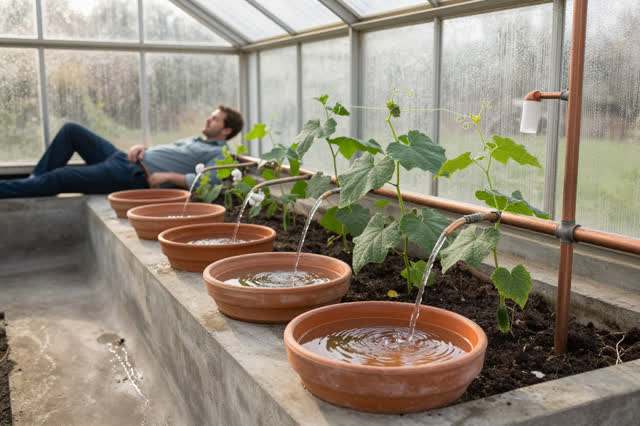 I dream of a small rooftop greenhouse just after morning watering. One gardener rests comfortably on a low concrete step