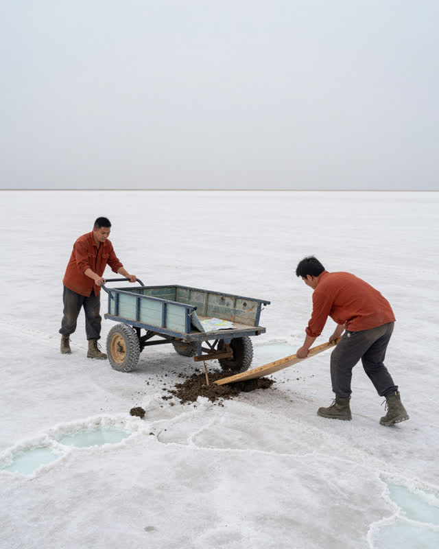 I dream of a broad salt flat after shallow seasonal flooding. A narrow two-wheeled supply cart has crossed most of the f
