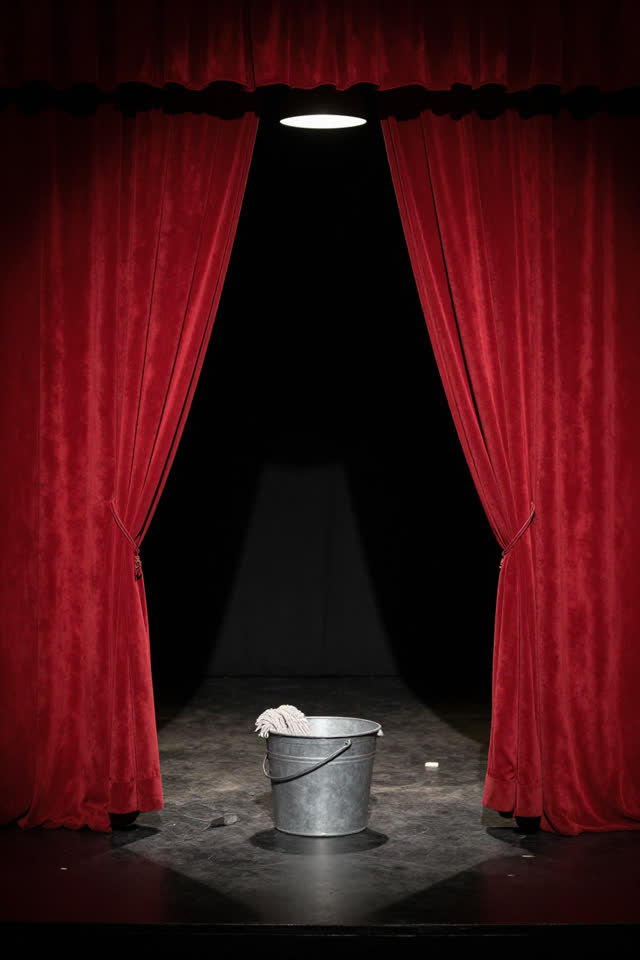 I dream of a small theater stage after rehearsal where the faded crimson main curtain has opened by itself only a narrow
