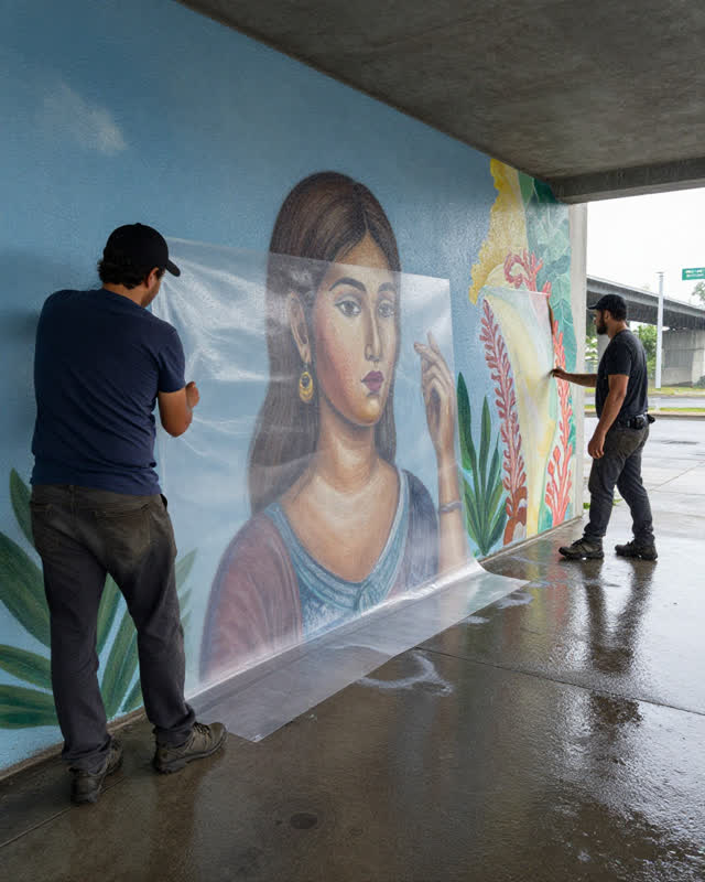 I dream of two muralists in a broad pedestrian underpass when a sudden light rain begins blowing across their fresh chal