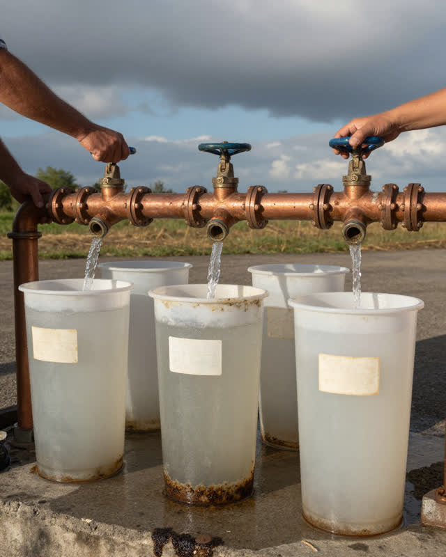 I dream of an outdoor civic water-testing yard in sharp late-afternoon light. Five vessels of clearly different widths a