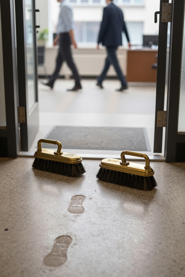 I dream of two fixed shoe-cleaning brushes at the entrance of an old office building during a bright weekday morning. In