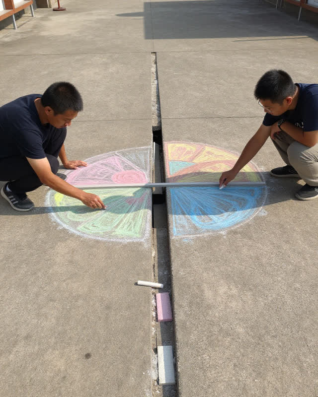 I dream of a dry schoolyard in hard late-afternoon sun where a large collaborative chalk drawing crosses an old paving e