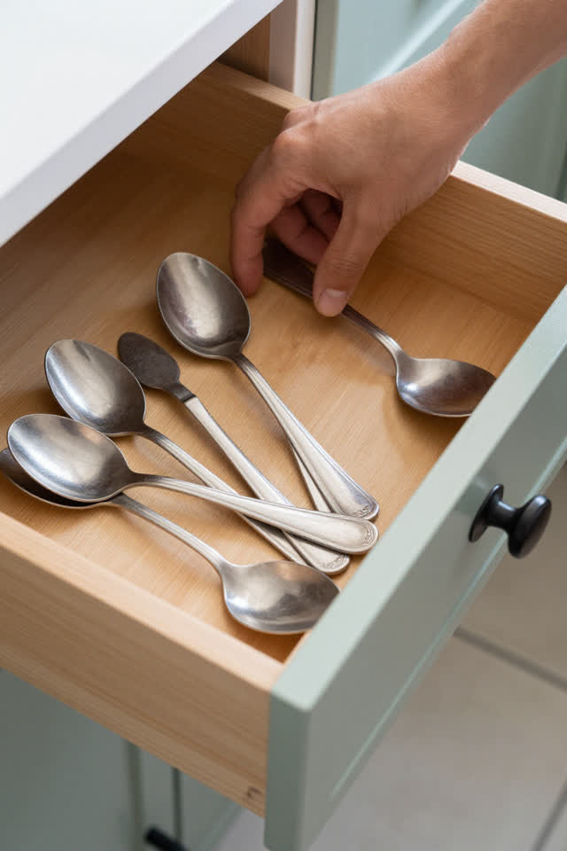 I dream of opening a small kitchen cutlery drawer in bright overcast daylight. Years of wear have lowered one wooden run
