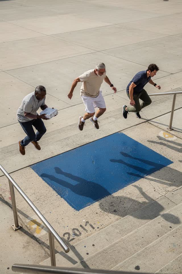 I dream of a broad painted stair plaza in clean hard afternoon sun at the exact instant three adult strangers independen