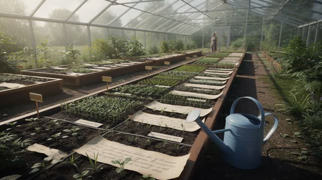 I dream of an open-air archive garden under a thin glass canopy, where shallow ledger trays have become orderly planting