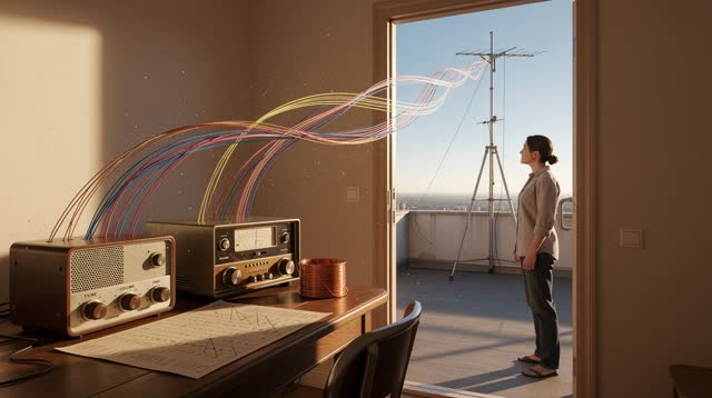 I dream of a small radio room whose open door leads to a bright rooftop antenna. From the radio dials, fine colored thre