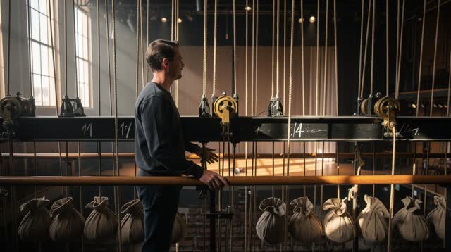 I dream of myself in a sunlit theater fly loft above an empty stage, standing beside a counterweight rail while rope lin