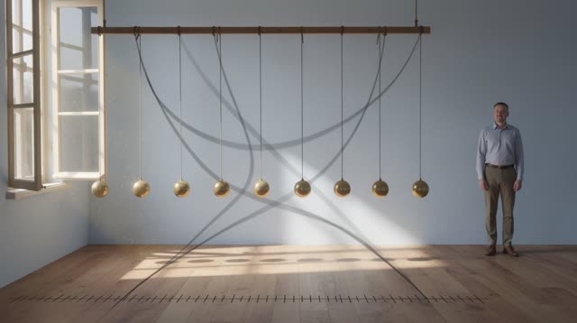 I dream of a bright clock room where several practice pendulums hang from a simple beam near an open window. Their brass