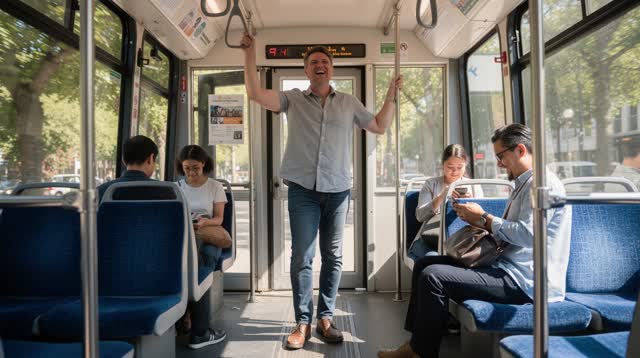 I dream of myself standing inside a moving city tram at midday, one hand loosely holding an overhead loop while genuine