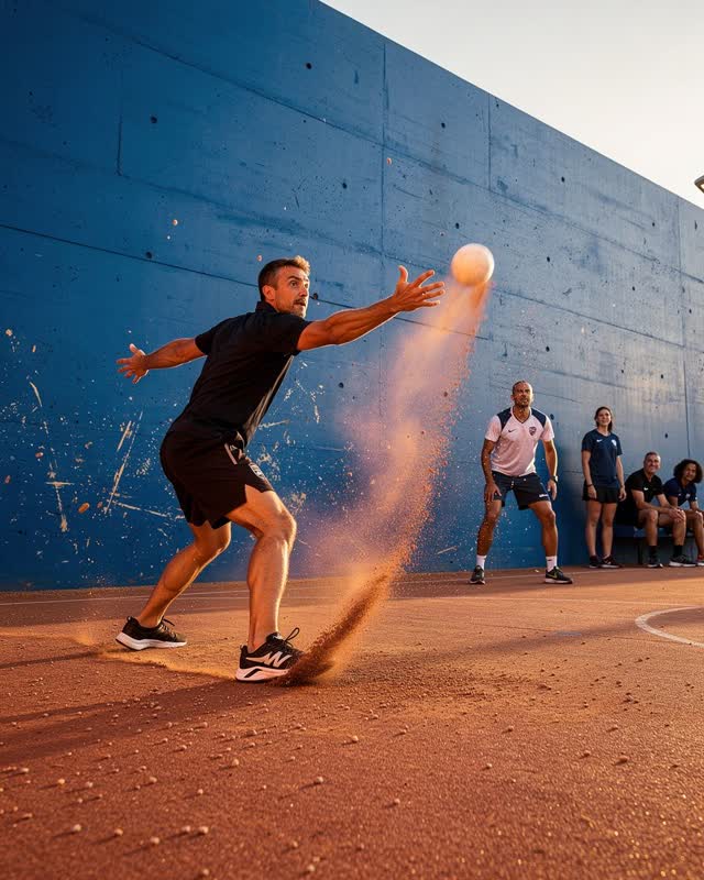 I dream of an outdoor handball court at the exact instant one adult player drives a white ball toward a cobalt wall. The