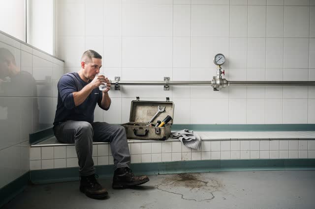 I dream of a small public utility alcove after a pipe repair has held. One adult maintenance worker sits sideways on a l
