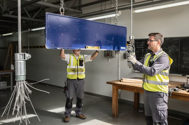 I dream of a bright municipal workshop where two adult workers re-cable a heavy public sign before it can fail. One stea