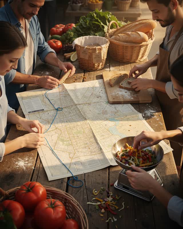 I dream of a covered public market table where a route map, fair weighing, and food preparation have become one practica