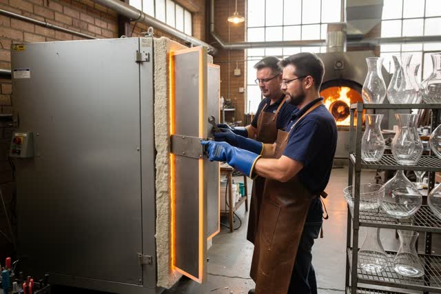 I dream of a bright glassblowing studio where two adult glassworkers repair an annealing oven door seal before the next