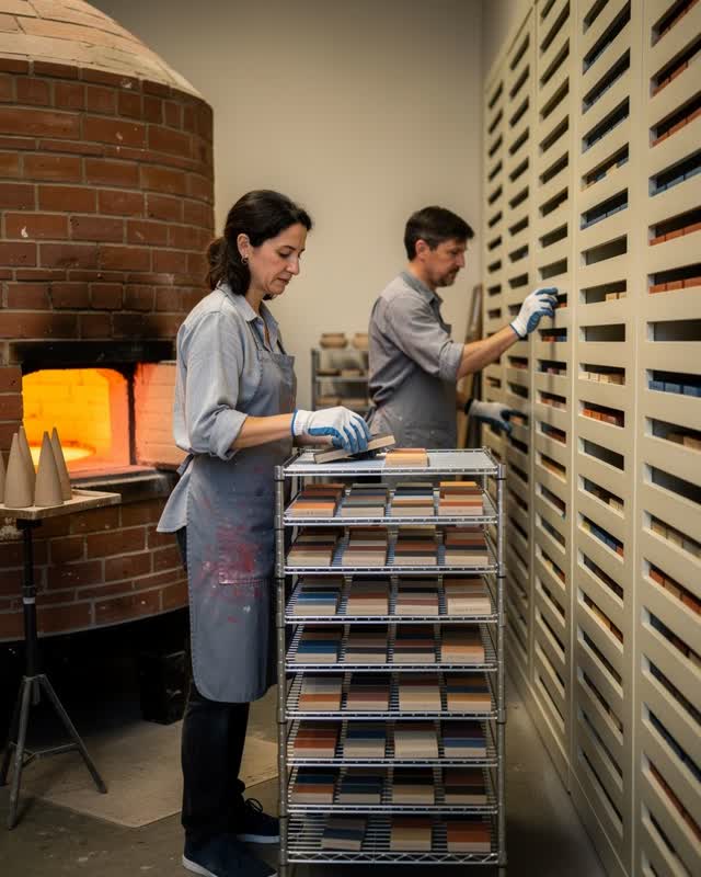 I dream of a ceramics kiln room that opens directly into a civic archive wall. Two adults with readable faces and gloved