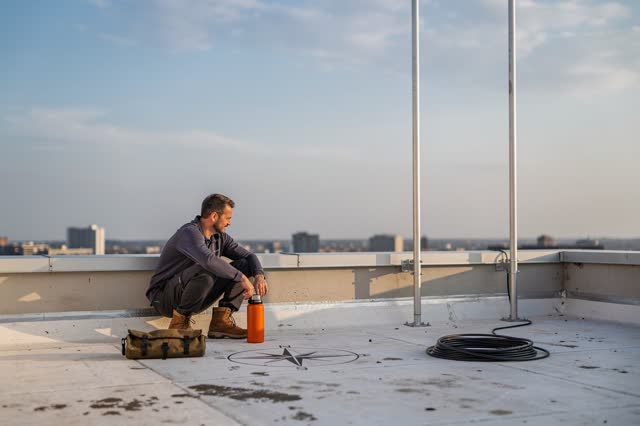 I dream of a quiet rooftop maintenance platform after the antennas have been aligned. One adult technician sits near a l