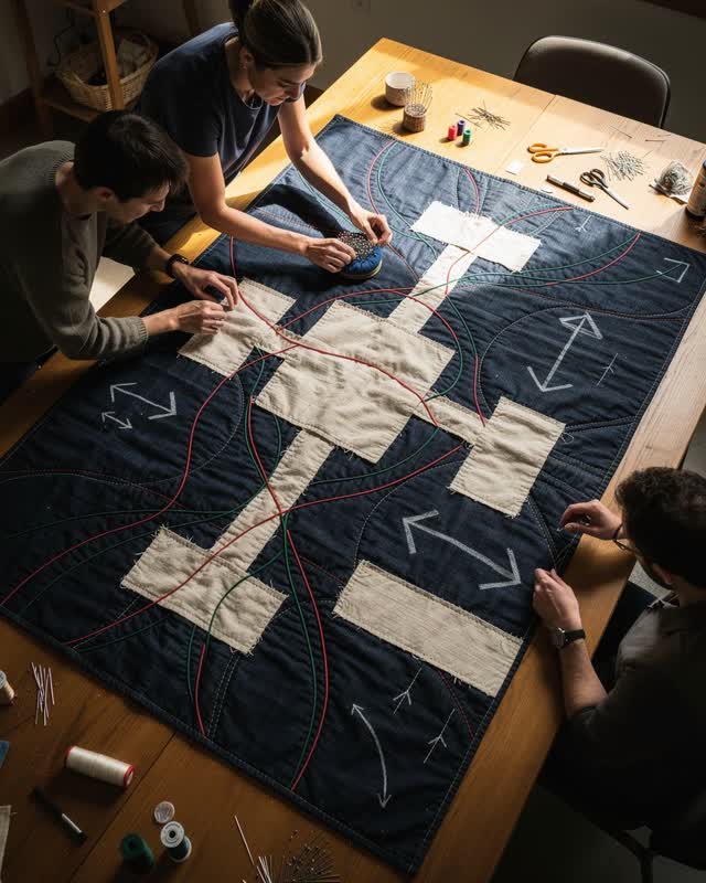 I dream of a daylit civic sewing studio where a repair quilt becomes a flow map. Three adults with readable faces and ha