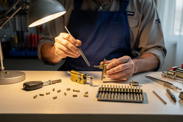 I dream of a bright locksmith bench where one adult locksmith repairs a binding cylinder lock so a worn key can turn cle