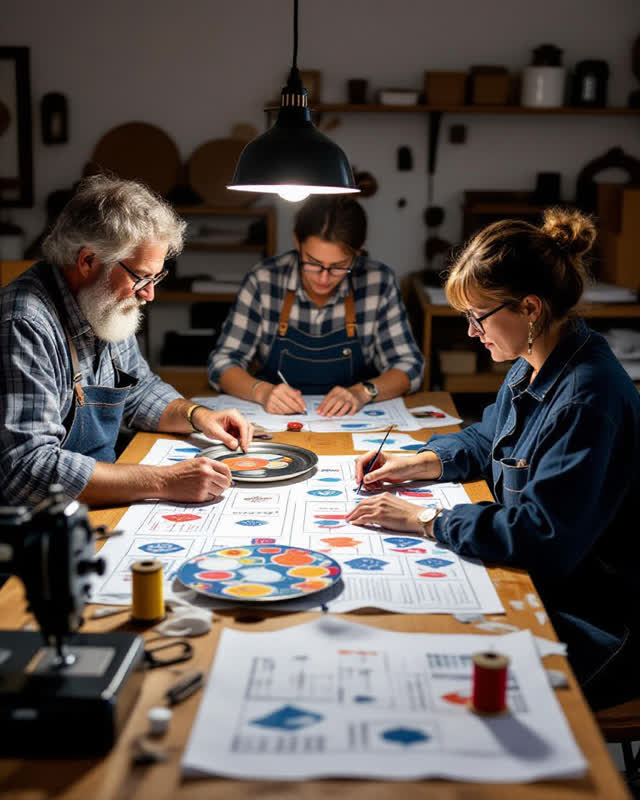 I dream of a community workshop where weather readings become clothing repair. Three adults work around one table, all f