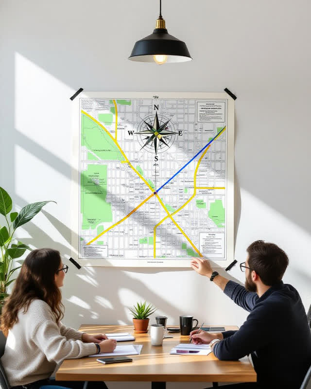 I dream of a civic map room where the evidence has moved onto the wall instead of a table. A vertical sun compass casts