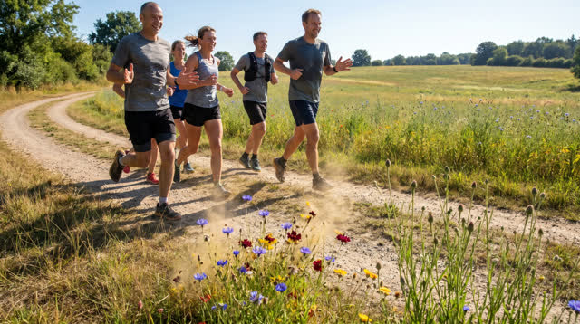 I dream of five adult runners rounding a curved path into a broad summer meadow under brilliant late-morning sun. A few
