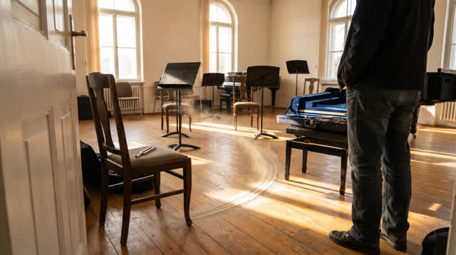 I dream of a sunlit music rehearsal room before the ensemble returns. A silver tuning fork rests on one chair, and the l