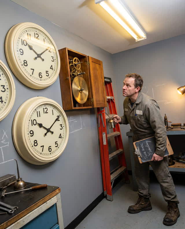 I dream of a public clock maintenance room where three wall clocks refuse the same minute. Their black hands disagree by