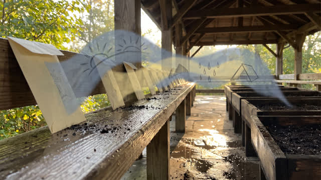 I dream of an open-air seed exchange pavilion after morning rain, where seed packets unfold into tiny weather shadows be