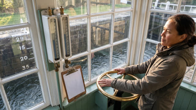 I dream of myself in a sunlit canal lock control cabin, standing beside a brass handwheel while two paired water gauges