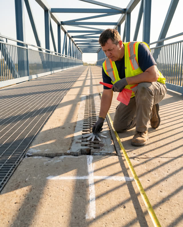 I dream of an open pedestrian bridge maintenance walkway in hard clear afternoon sun. An expansion joint has shifted jus