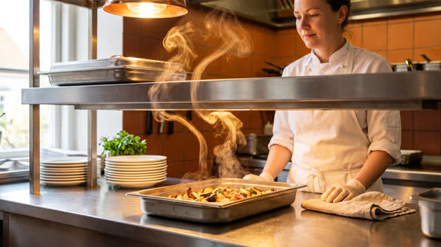 I dream of a bright restaurant kitchen pass where steam knows where care is needed. From one hot tray in the foreground,