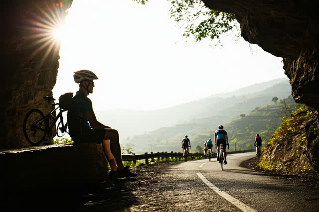 I dream of two adult cyclists resting at a high roadside overlook after a morning ride. One sits comfortably on a low li