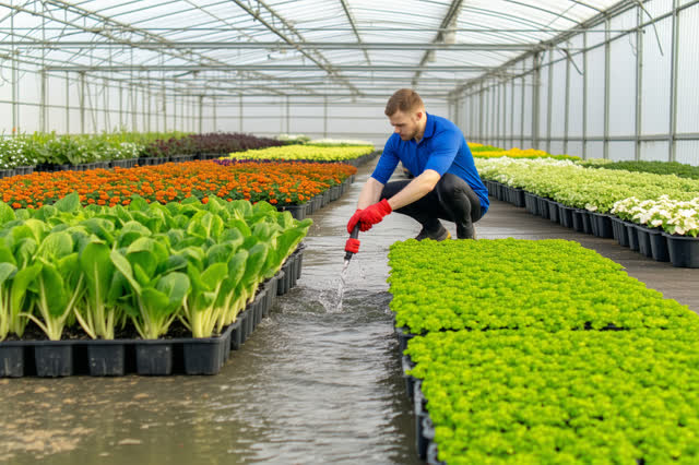 I dream of a bright municipal greenhouse where two adult caretakers repair an irrigation mistake before anything dies. O