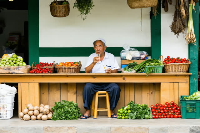 I dream of a small public market scale house after the morning rush. One adult vendor sits off-center on a plain stool,