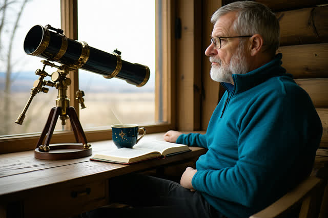 I dream of a small observatory after the telescope lens has been cleaned. One adult caretaker sits beside a simple desk