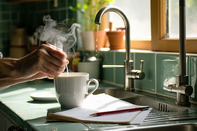 I dream of a small staff kitchenette after a morning repair meeting, quiet and not arranged for symbolism. One adult per
