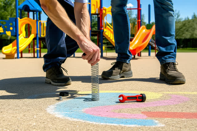 I dream of a bright community playground entrance before opening hours, where two adult workers repair a stretched gate