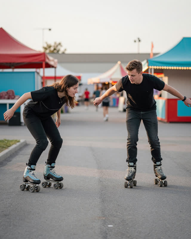 I dream of two adult roller skaters entering the same narrow painted curve from opposite directions at the edge of a day