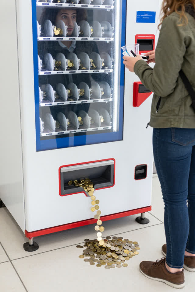 I dream of a bright transit concourse where a plain vending machine has decided to give historically precise change. A c