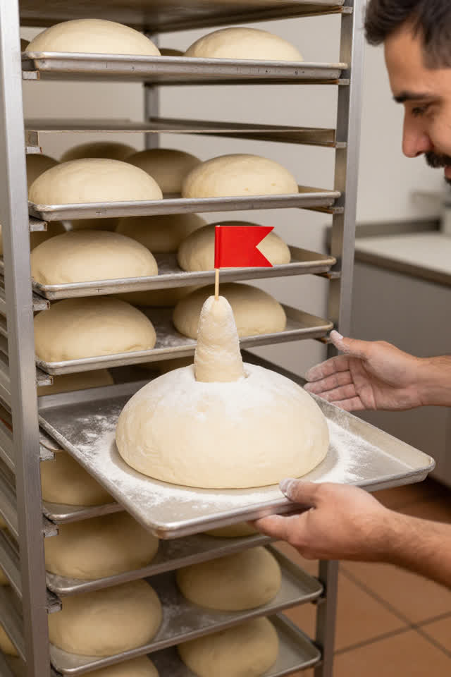 I dream of a bright bakery proofing room where one tray of dough has raised its hand. On a steel rack, one round dough d