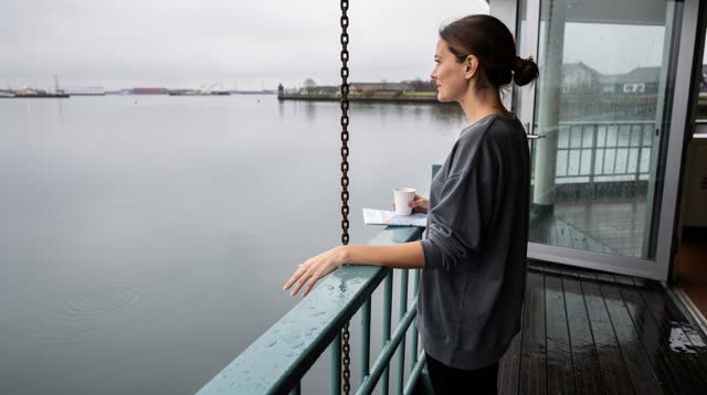 I dream of myself on a covered ferry terminal balcony just after rain, when the loud weather has decided it is finished.