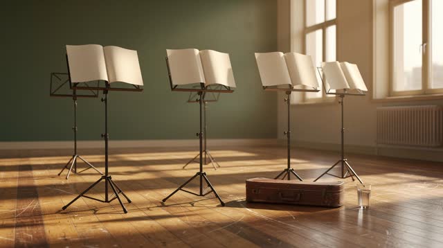 I dream of an empty afternoon rehearsal room where the music rests above the stands. Several loose blank pages hover gen