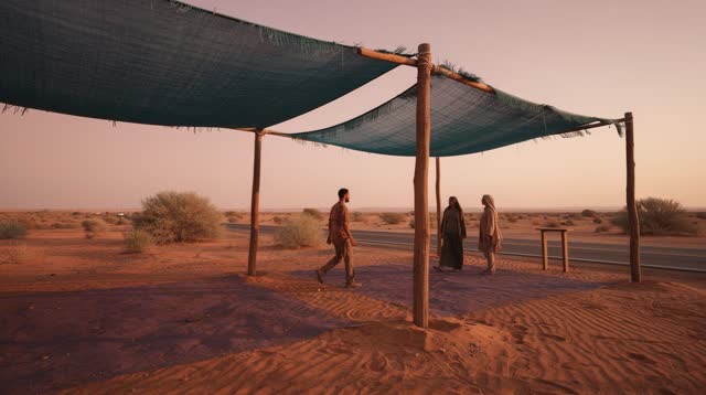 I dream of a desert rest stop at sunset where the shade keeps moving just enough to help. Faded teal shade cloths lift s