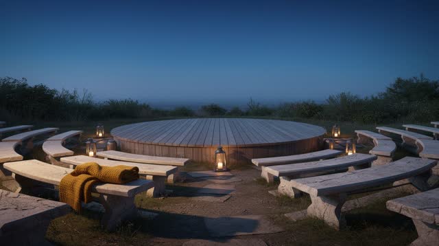 I dream of a small outdoor amphitheater at blue hour where the benches sit down before us. Empty curved stone benches ca
