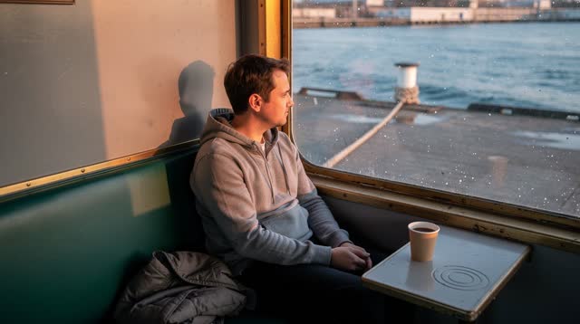 I dream of myself in a quiet ferry passenger cabin at early morning dockside, letting the ferry idle without needing to