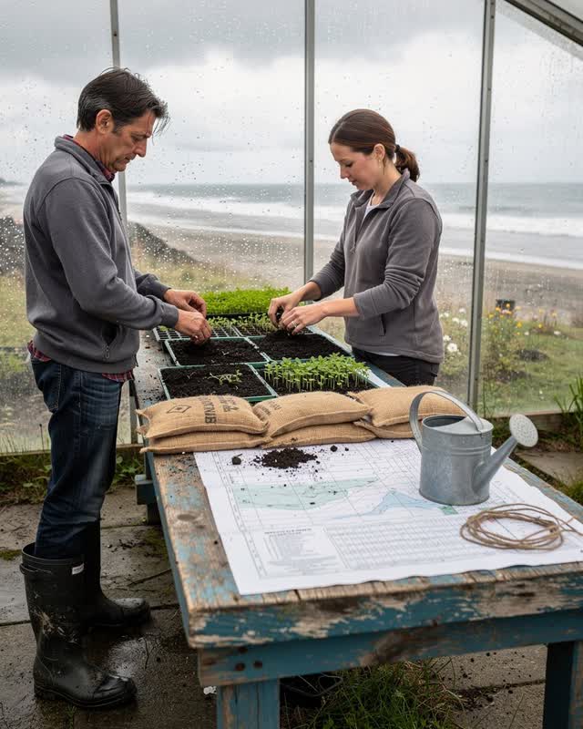 I dream of a coastal community greenhouse where the tide table has become a garden plan. Two adults with readable though